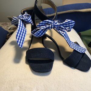 Talbots dark denim sandals with gingham check bow